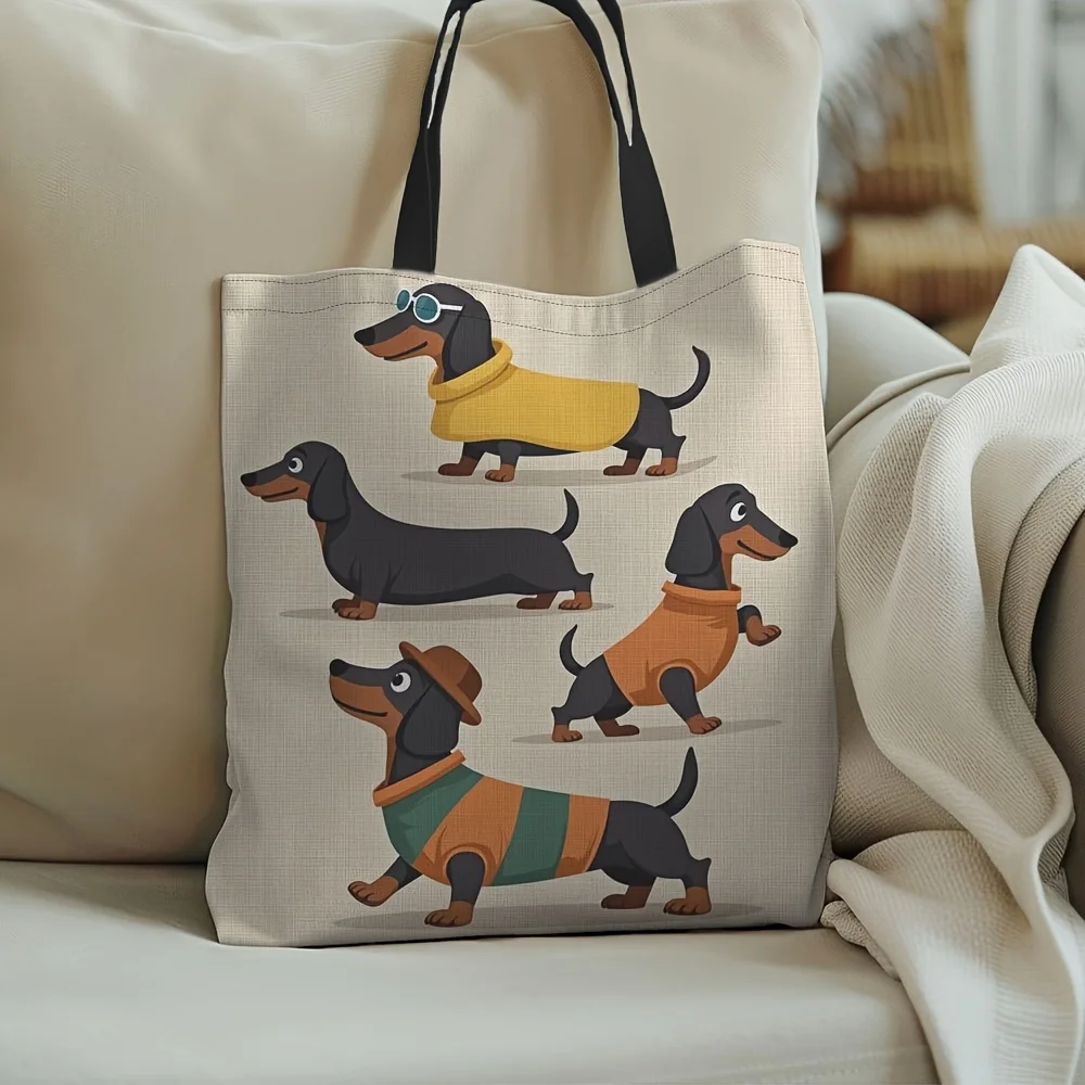 sac fourre tout chic imprimé teckel, sac à main à bandoulière décontracté de grande capacité pour femmes, sac d'épicerie robuste en polyester réutilisable