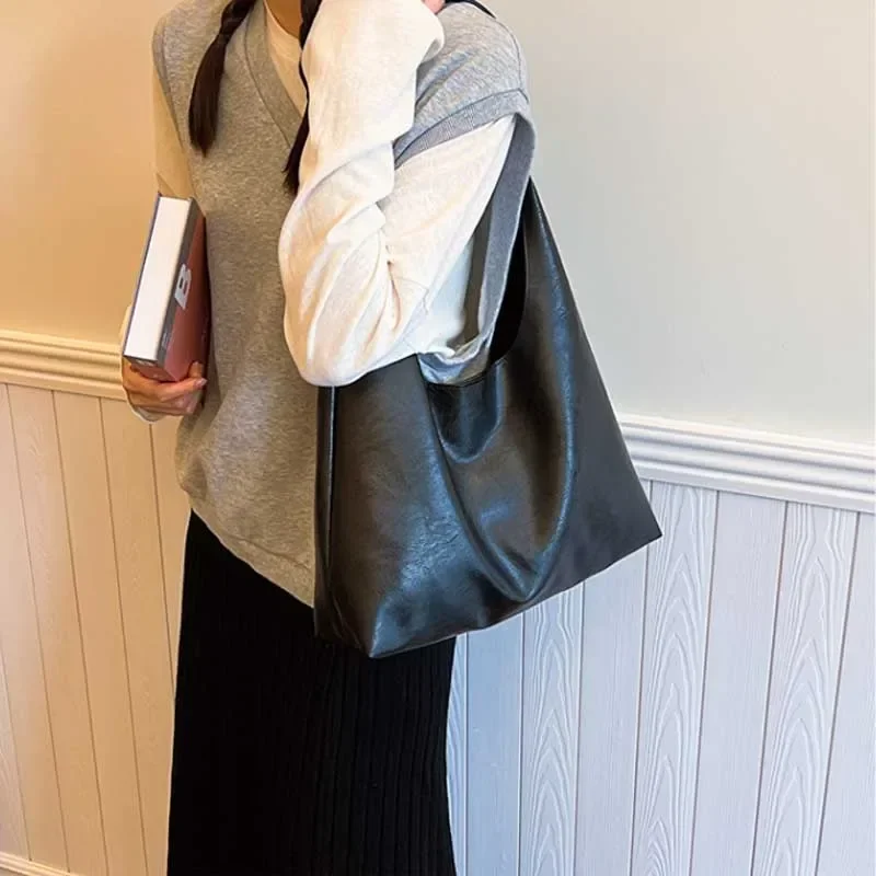 sac fourre tout léger en cuir pu souple pour femme, grande capacité, grand sac initié, sac sous les bras, fermeture à moraillon, style décontracté