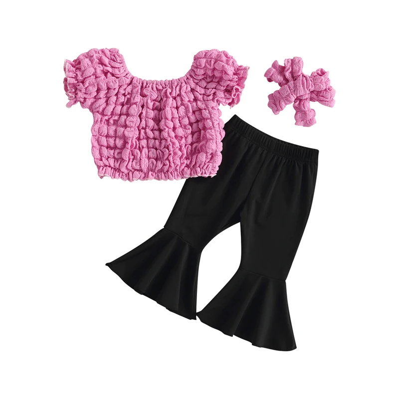 Vêtements pour enfants filles, couleur unie, froncé, manches courtes, col élastique, hauts, taille élastique, pantalon évasé, bandeau, costume 3 pièces