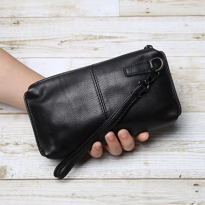 Sac à main en cuir véritable pour homme, cuir souple, rétro décontracté, couche supérieure, cuir de vachette, portefeuille long, grande capacité, fermeture éclair, sac pour téléphone