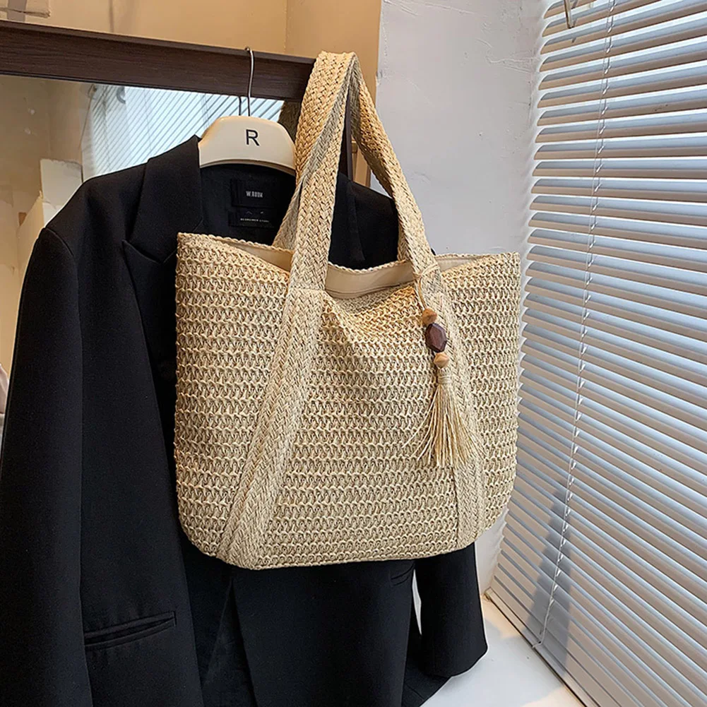 sacs à main d'été tissés à la main pour dames, sac tissé à la main, mode simple, grande capacité avec pendentif pompon, sac à main de shopping, fourre tout