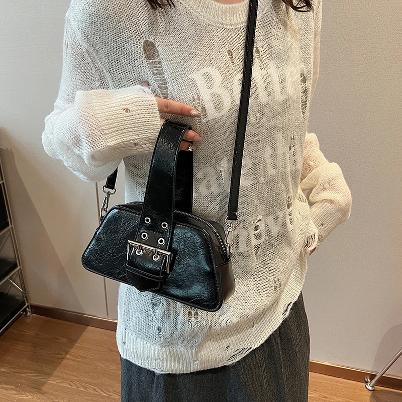 petit sac à main rétro en cuir pour femme, sac à bandoulière, sac à main à fermeture éclair, noir, café, rivet, initié, poignet, mode
