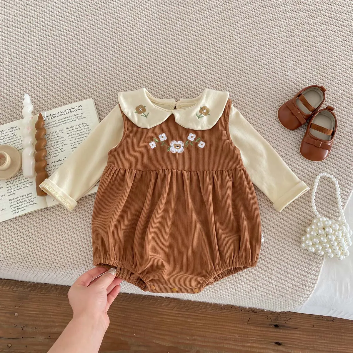 Costume pour bébé, barboteuse sans manches + chemise à manches longues, body en velours côtelé brodé en cœur pour bébé fille de 1 à 3 ans