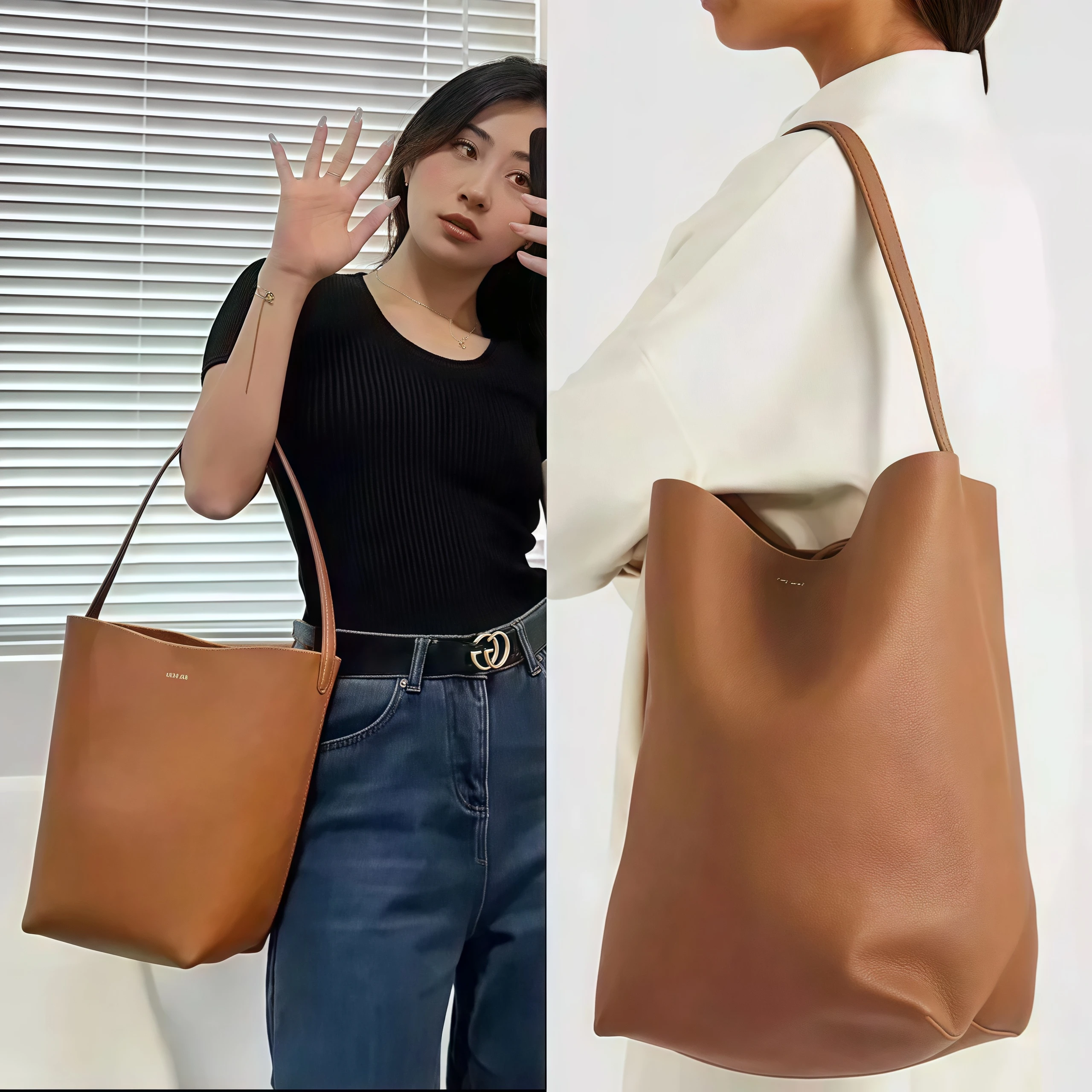 sac seau en cuir pour femme – sac fourre tout structuré souple avec poignée supérieure sur l'épaule, sac de jour minimaliste de luxe