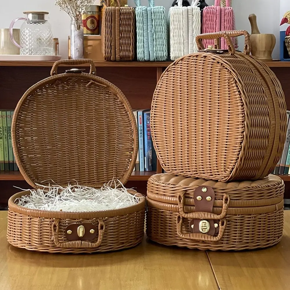 valise ronde vintage en osier, panier de pique nique fait à la main de grande capacité, anti poussière avec double poignée, organisateur d'articles divers en plein air
