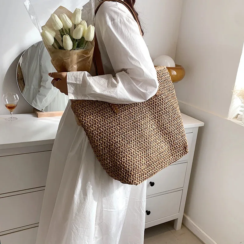 sac à main à bandoulière tissé à la main pour femmes, mode bohème, fourre tout de plage en paille, sac de voyage, sacs de shopping tissés