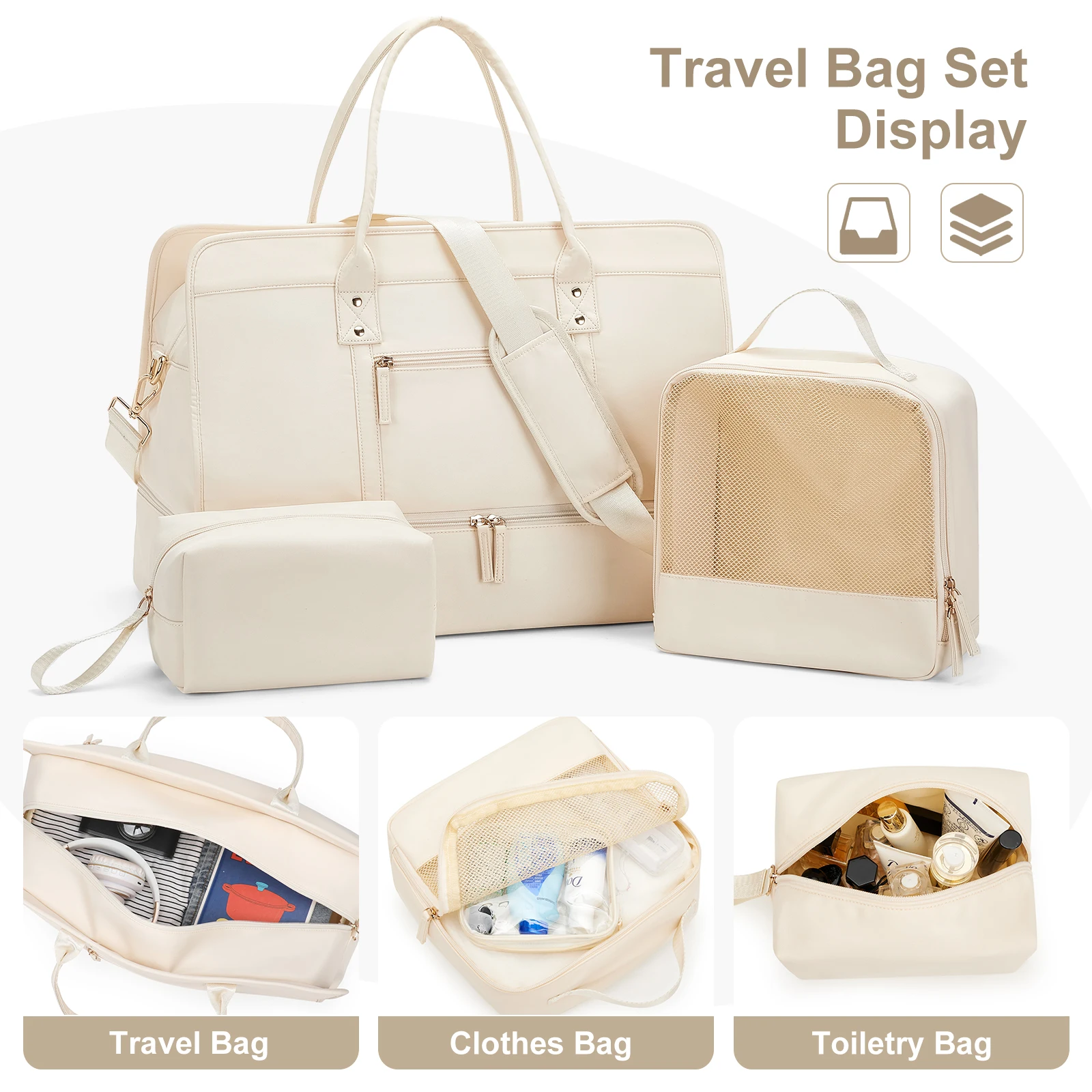 sacs de voyage pour bagages avec un sac à vêtements et trousse de toilette, sac à bandoulière de grande capacité pour les déplacements quotidiens, fourre tout pour femmes