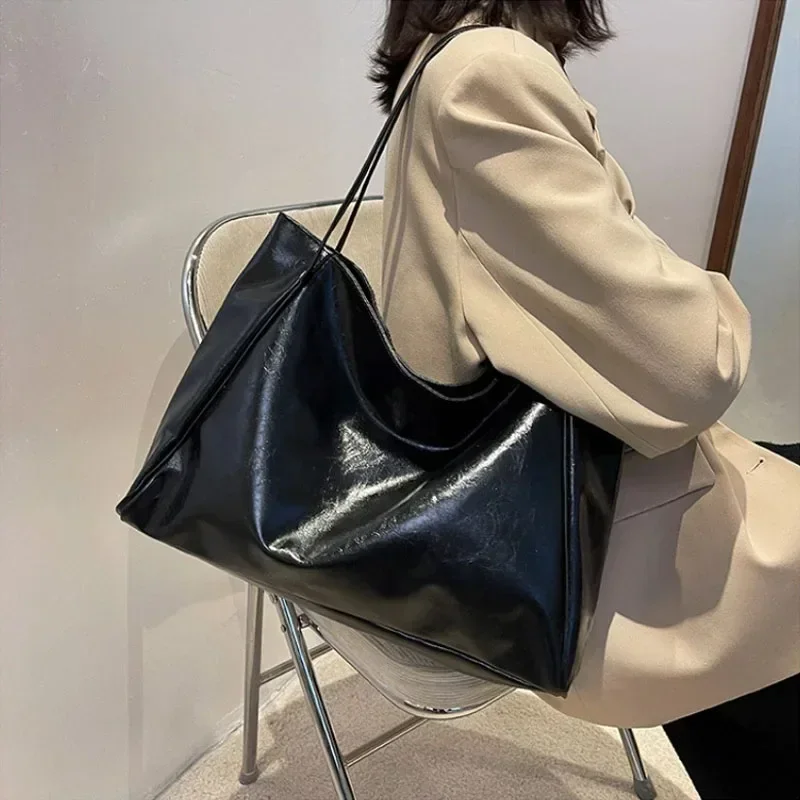 sac fourre-tout en cuir pu souple pour femmes, pochette sous les bras de grande capacité, sac à bandoulière rétro décontracté, sacs seau portables