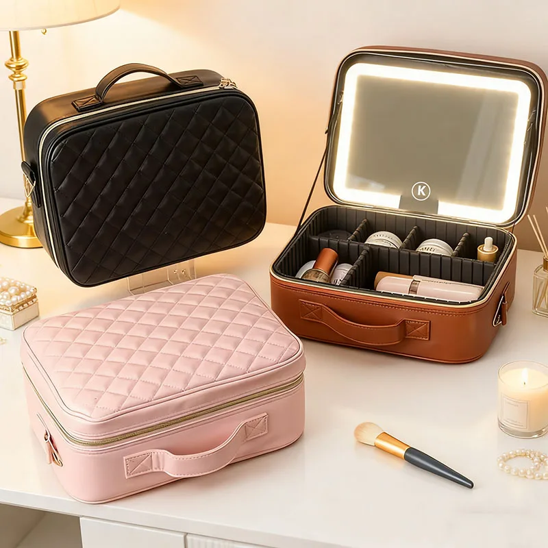 trousse de maquillage professionnelle de voyage pour femmes, grande taille, avec miroir, 3 lumières led colorées, trousse de maquillage pour femmes, étui de train cosmétique, boîte de beauté