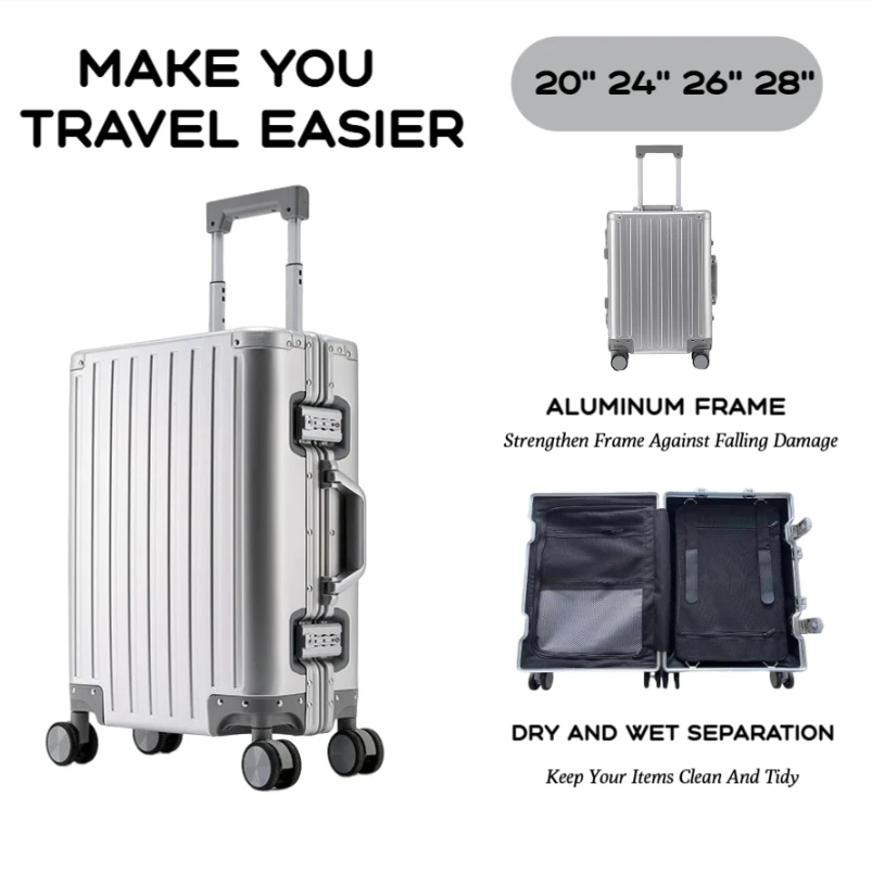 Bagage durable de grande capacité pour hommes et femmes, aluminium, bagage à main, embarquement, voyage, neuf, 20, 24, 26, 28