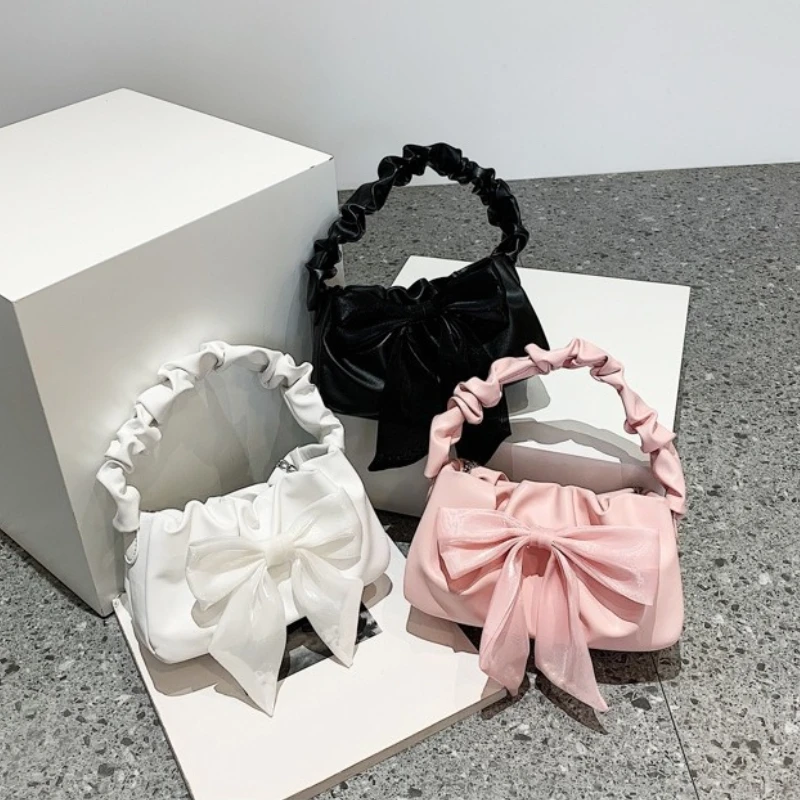 sac fourre-tout rétro pour femmes et filles, fourre-tout à la mode avec nœud doux, sac à bandoulière simple avec chaîne, sacs à main pliables et sac à main