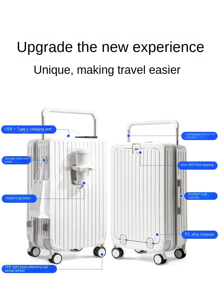 valise de voyage multifonctionnelle avec porte gobelet, chariot à couverture ouverte avant, boîte d'embarquement, bagages à roulettes, 20 po, 22 po, 24 po, 26 po