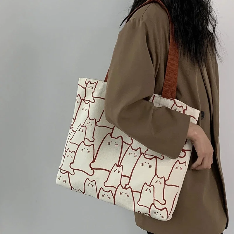 sacs en toile sac à main pour femmes shopper mignon chat sac fourre tout avec fermeture éclair sac de créateur style japonais dessin animé petite épaule