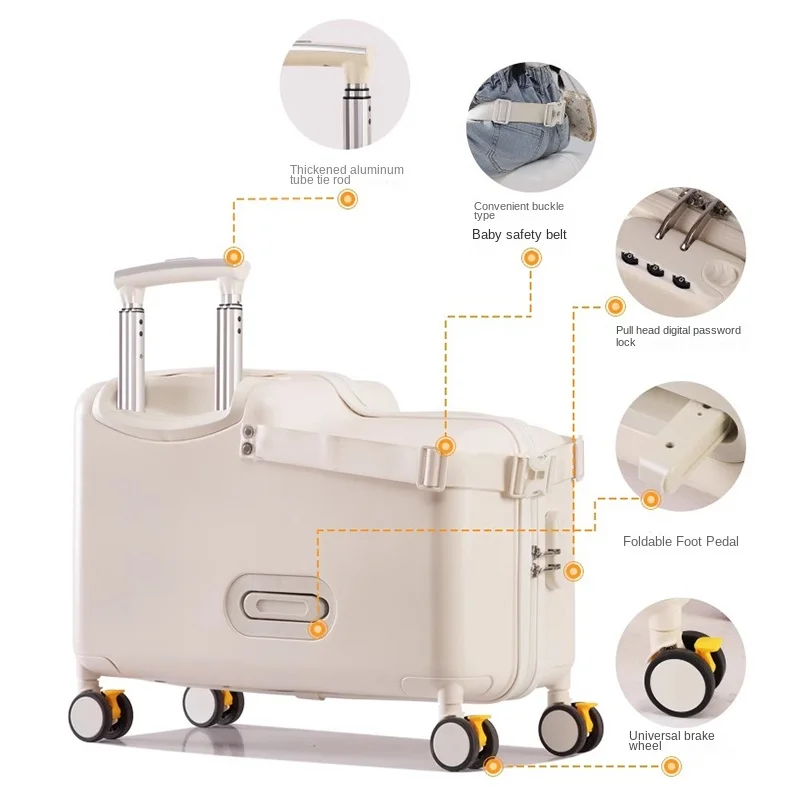 2025 nouveaux bagages pour enfants peuvent s'asseoir et monter valise cabine de voyage bagage à main boîtier de chariot de cheval en bois roues de frein valises pour enfants