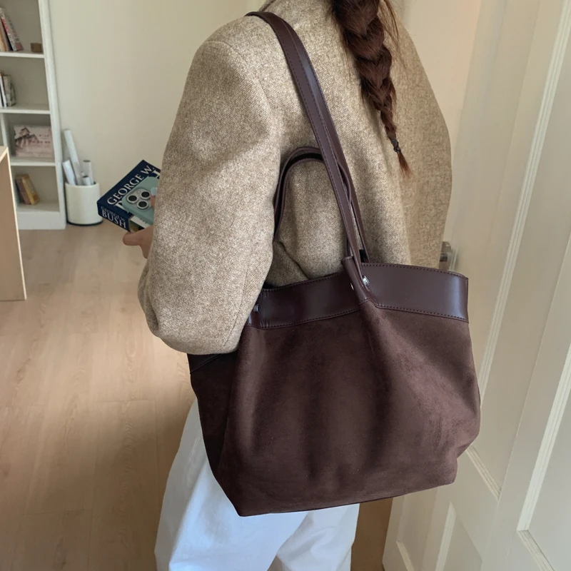 sac à main élégant en daim givré, fourre tout de grande capacité, mode européenne américaine automne/hiver, sac à bandoulière simple décontracté