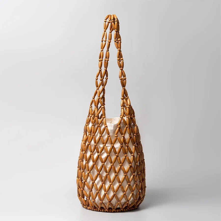 Sac à main tissé pour femmes, Design d'été, fourre-tout en perles de bois ajourées, sac seau à bandoulière en toile filet réticulé, sac à main de plage