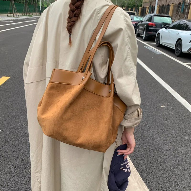 sac à main élégant en daim givré, fourre tout de grande capacité, mode européenne américaine automne/hiver, sac à bandoulière simple décontracté