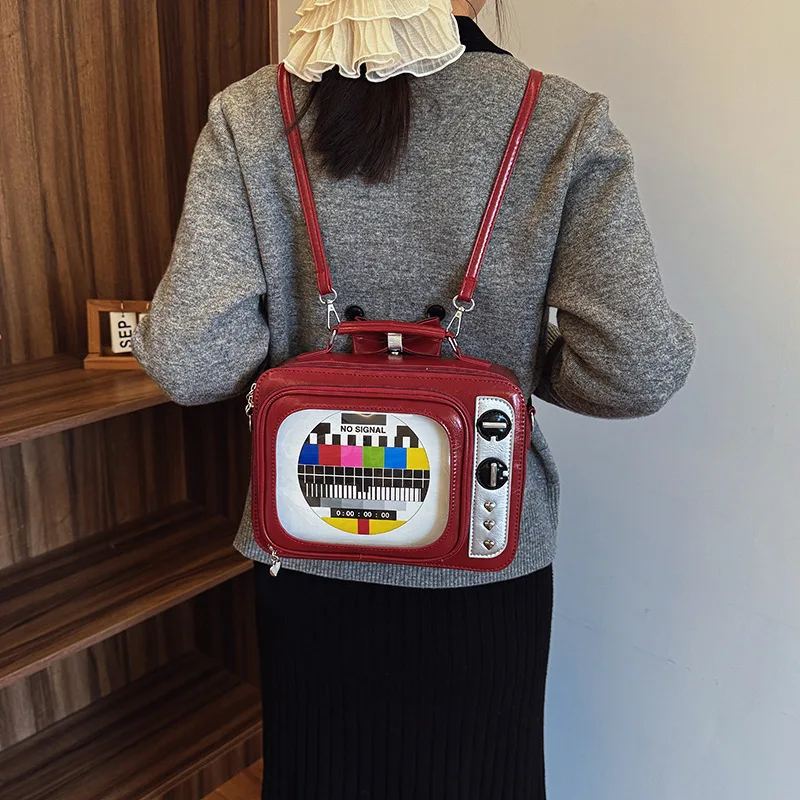 dessin animé mignon sacs à main pour femmes drôle rétro tv transparent carré sac mode cuir personnalisé créatif sac à bandoulière femme