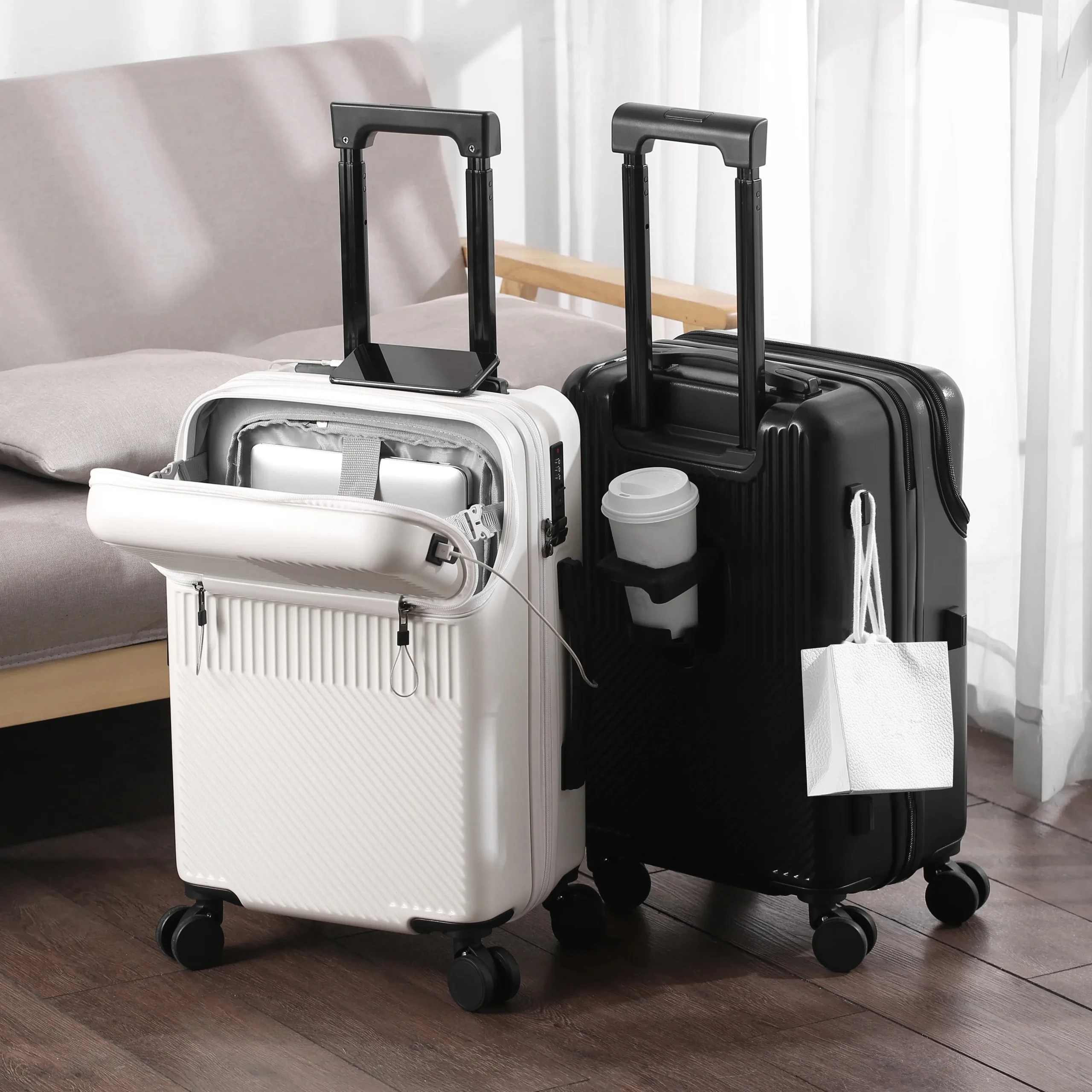 Valise de voyage élégante valise à main d'affaires avec port de chargement USB et porte-gobelet bagage à main embarquement boîtier de chariot