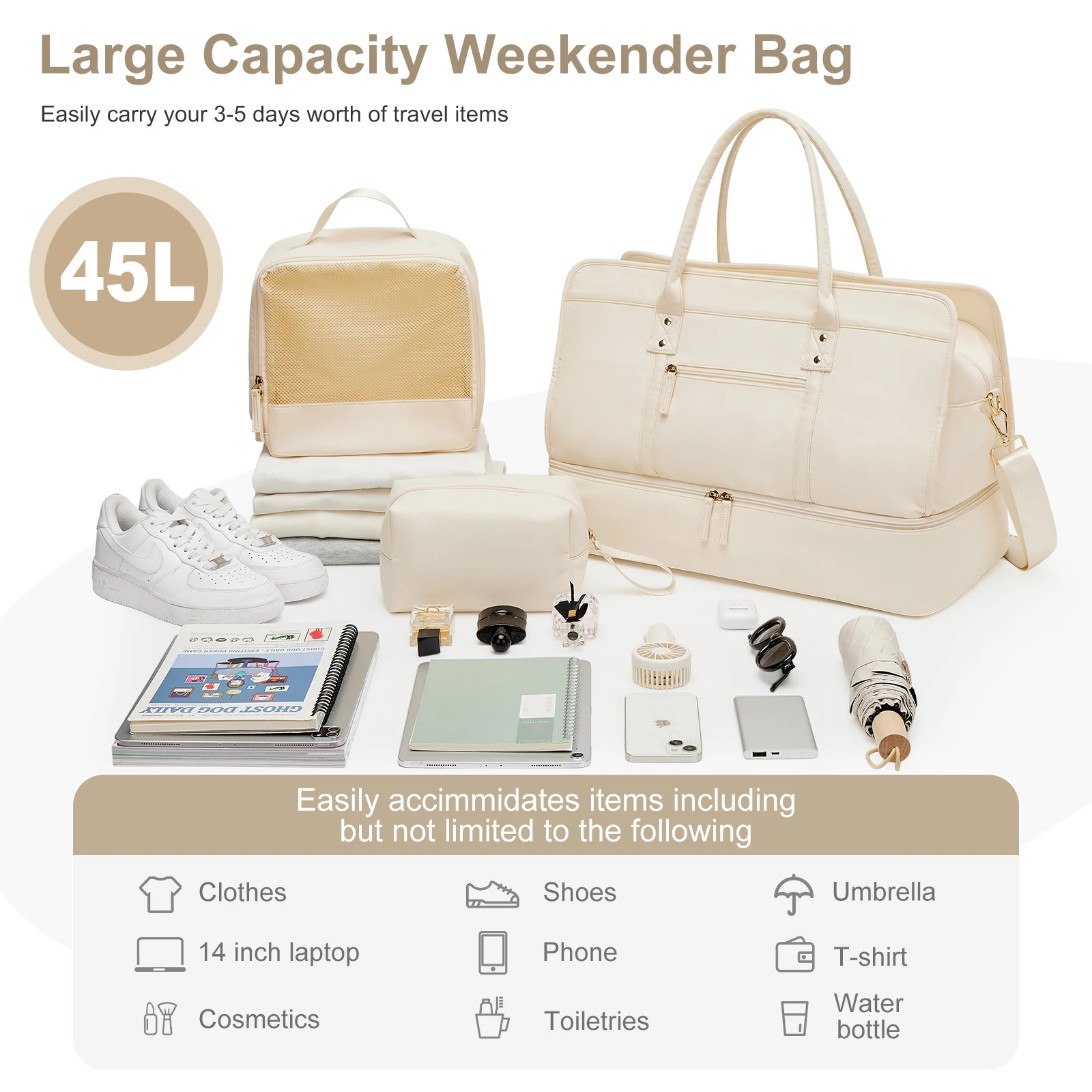 sacs de voyage pour bagages avec un sac à vêtements et trousse de toilette, sac à bandoulière de grande capacité pour les déplacements quotidiens, fourre tout pour femmes