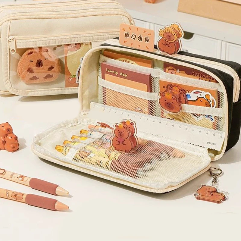 trousse à crayons en tissu mignon kawaii, grande capacité, capybara, fermeture éclair, sac pour enfants, pochette pour stylos, fournitures scolaires, cadeau