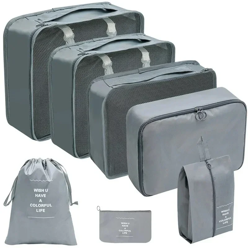 ensemble d'organisateurs de voyage, sacs de rangement, valise, cubes d'emballage, étuis portables, bagages, vêtements, chaussures, pochette de rangement pliante