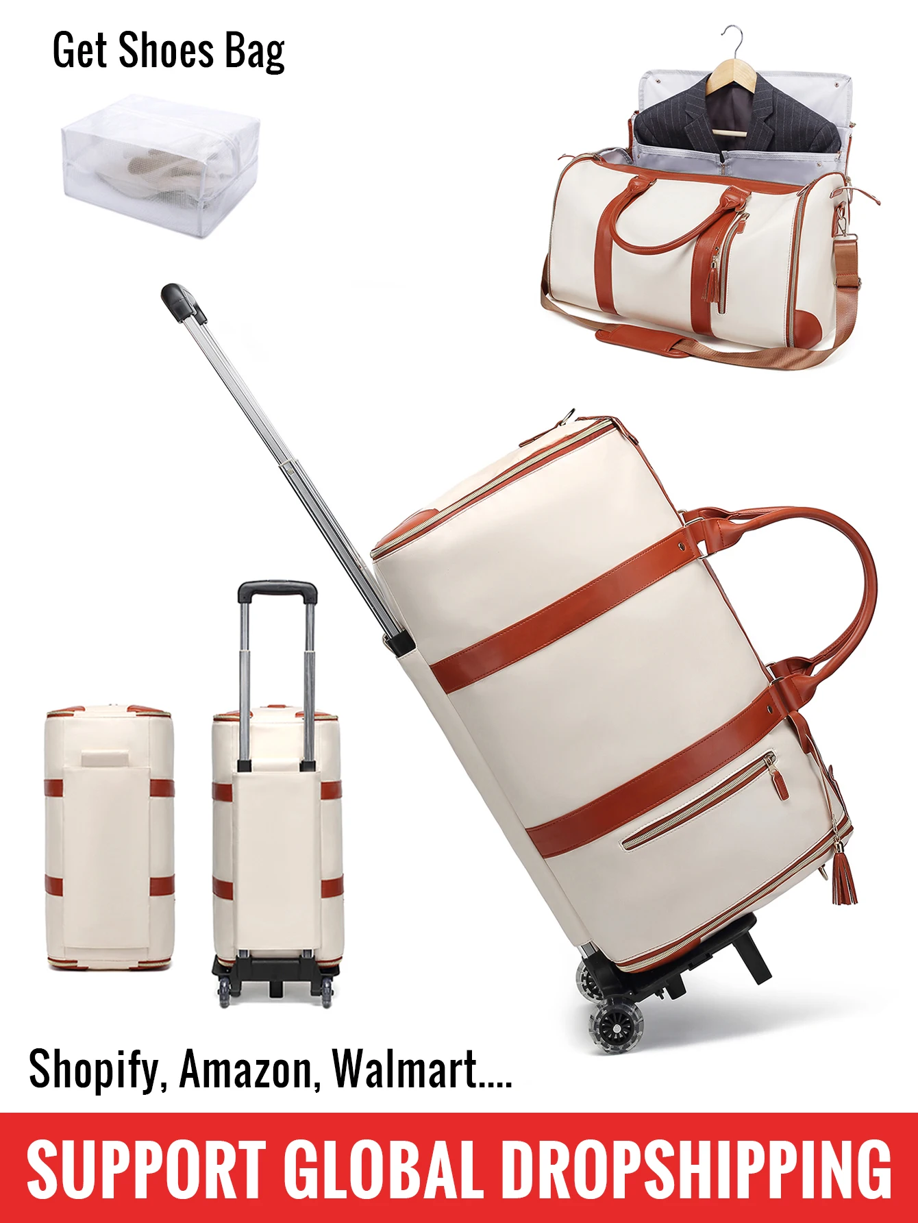 Sac à vêtements de voyage portable avec sac à chaussures et sangle de chariot, valise de week-end, bagage à main, livraison directe globale, 55L