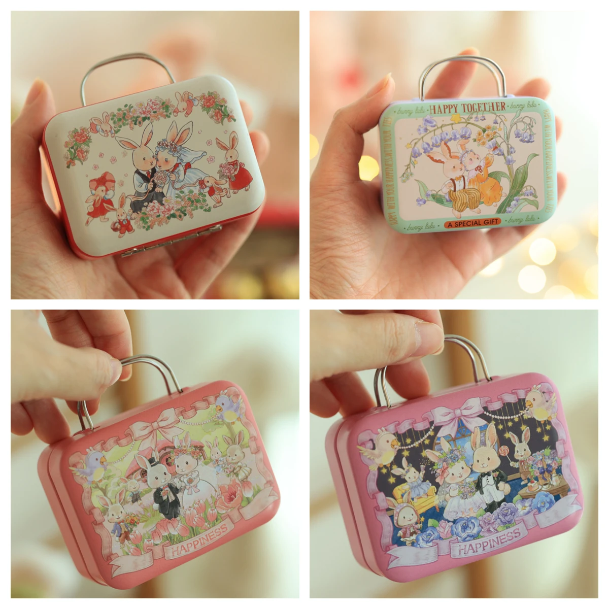 Petite valise de couple lapin de dessin animé, 18 boîtes à bonbons, mini bijoux de voyage, coffret cadeau de mariage, mallette de rangement pour cils à la maison, 1 pièce