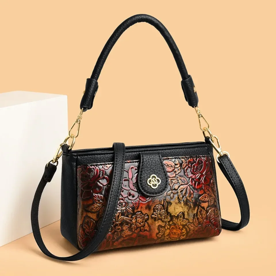 Sac à main en cuir de haute qualité, sac à bandoulière de luxe de styliste rétro Style ethnique à motifs floraux, poche croisée diagonale à la mode