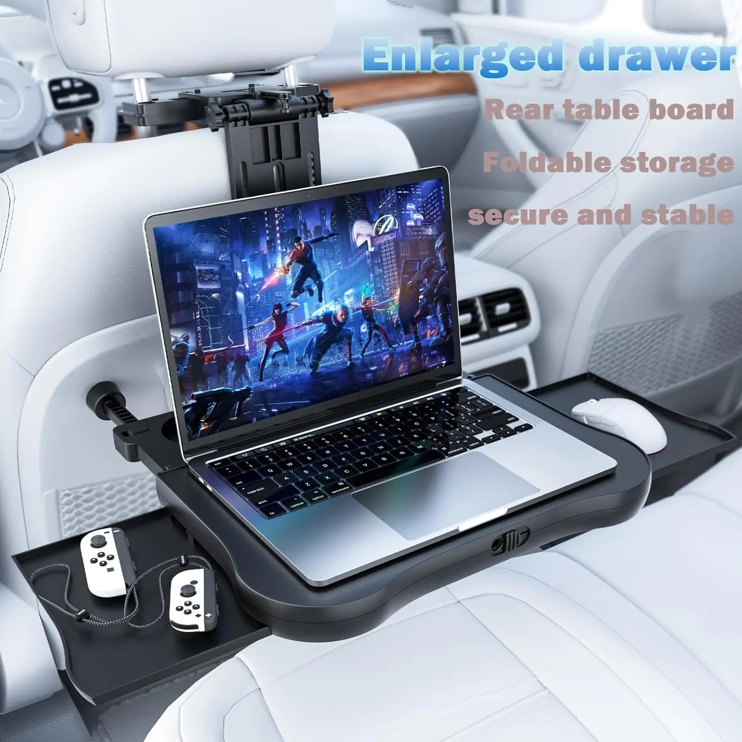 bureau extensible pour siège arrière de voiture pour ordinateur portable et salle à manger, avec coussinet antidérapant et support pour appareil. parfait pour le travail/alimentation