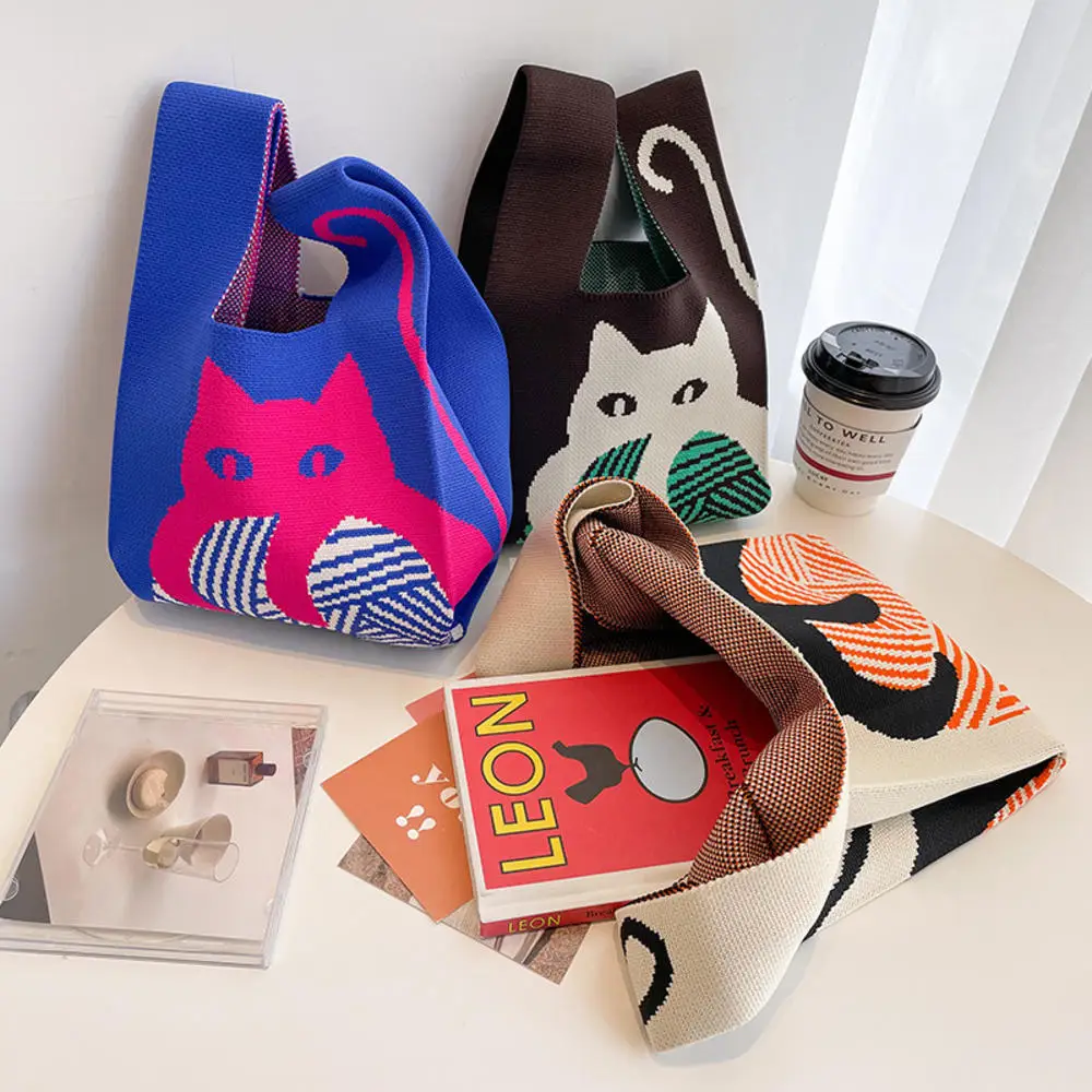 sac à main tricoté à la main pour femmes, mini sac de poignet à nœud, sac fourre tout à carreaux à large rayure, sac à provisions réutilisable pour étudiants