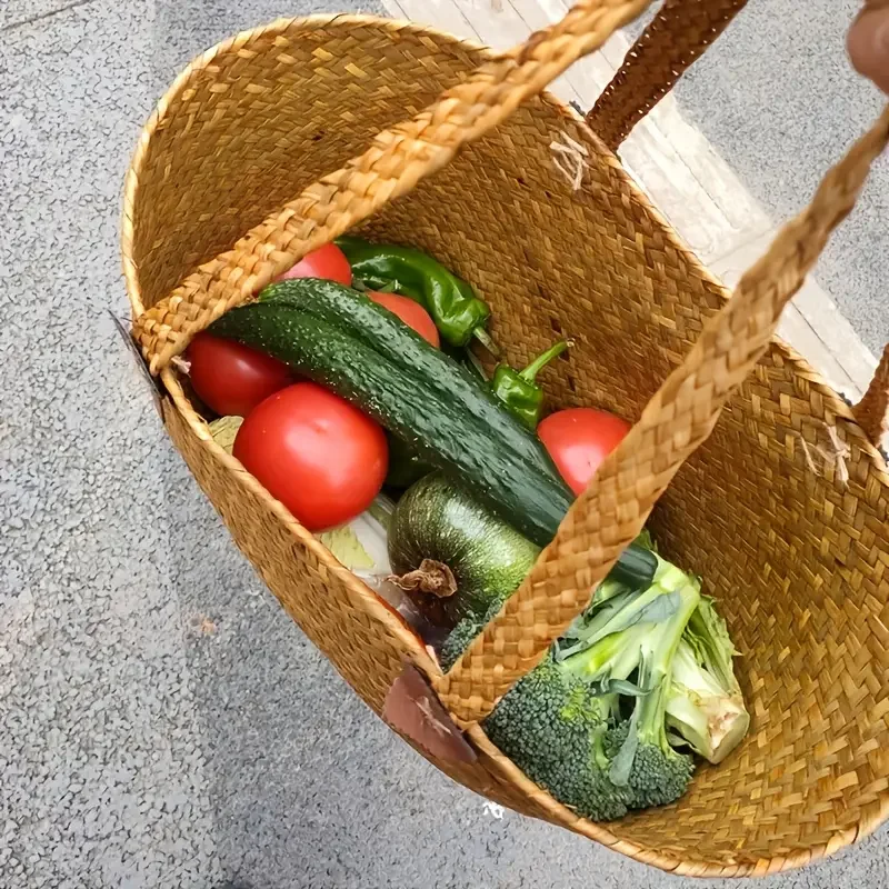 sac fourre tout tissé en rotin chic avec poignées en simili cuir, accessoires photo en paille naturelle et panier cadeau pour animaux de compagnie, accessoires de pique nique