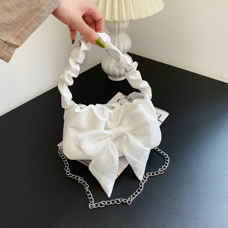 sac fourre tout rétro pour femmes et filles, fourre tout à la mode avec nœud doux, sac à bandoulière simple avec chaîne, sacs à main pliables et sac à main