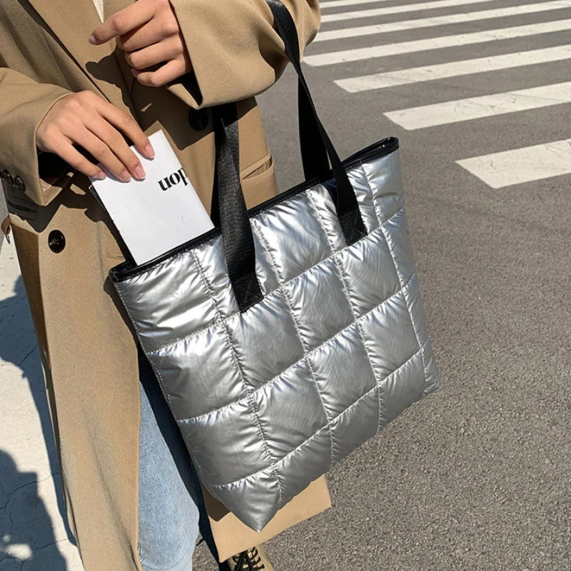 nouvelle mode grand fourre tout rembourré sacs à main automne matelassé femmes sacs à bandoulière de luxe pu vers le bas fil de coton sac à bandoulière sac d'hiver