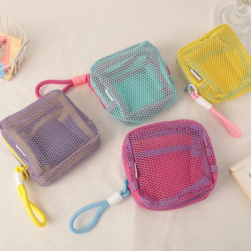 sacs à clés de petite capacité, sac à cosmétiques transparent, pochette de rangement carrée en maille, mini porte-monnaie à fermeture éclair, mini sac de lavage, étui de papeterie