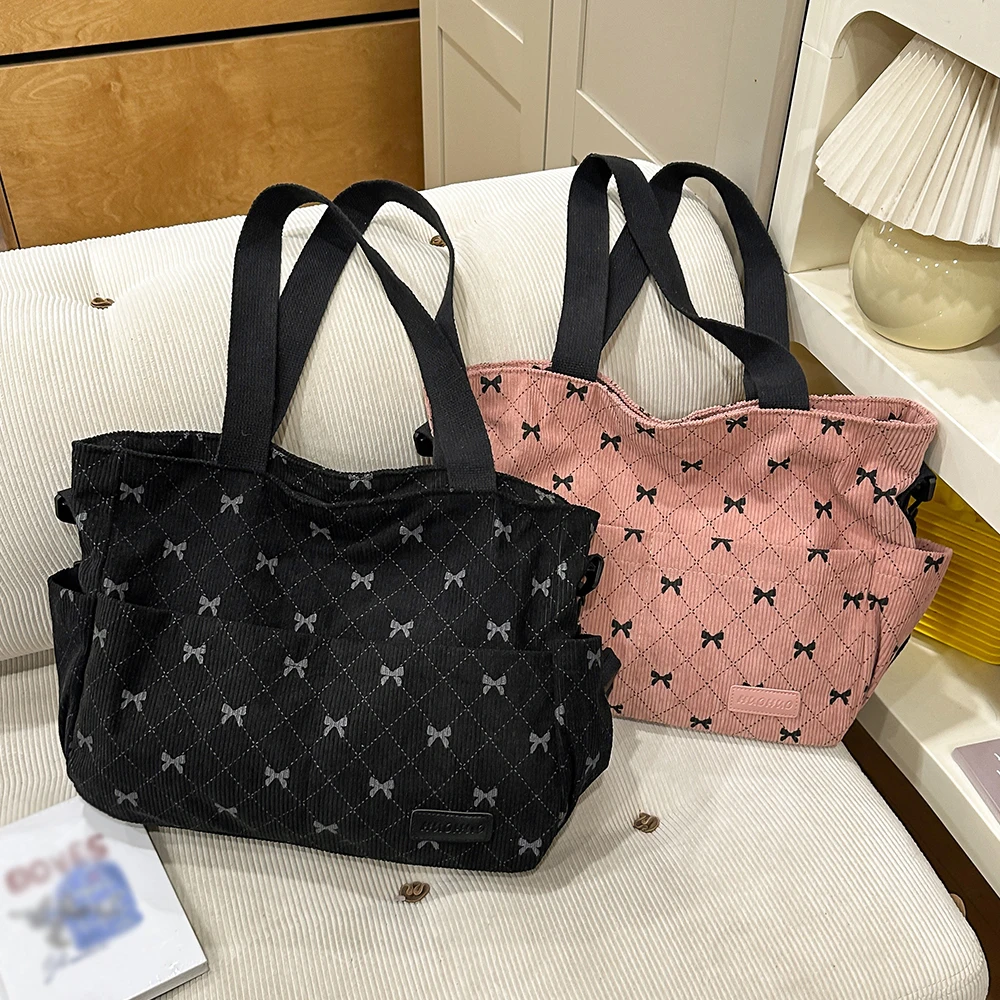sac fourre-tout style coréen ins, fourre-tout imprimé complet avec nœud, sac de shopping léger, sac à bandoulière pour le travail quotidien