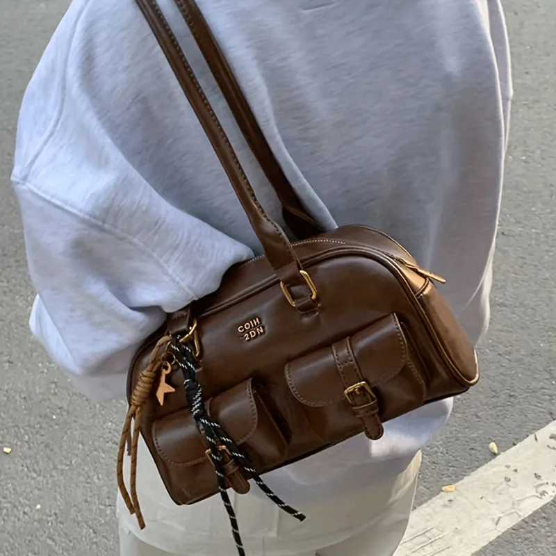 sac à bandoulière élégant avec plusieurs poches, matériel doré et sacs à main au design imprimé de lettres pour femmes, voyage, travail, sorties