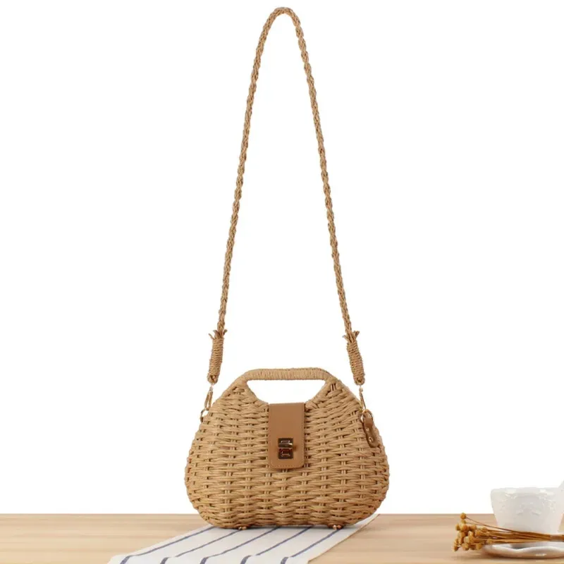 sac en rotin tissé en paille pour femmes, élégant, mode, sac en rotin, corde de paille, sac à bandoulière, sac de plage