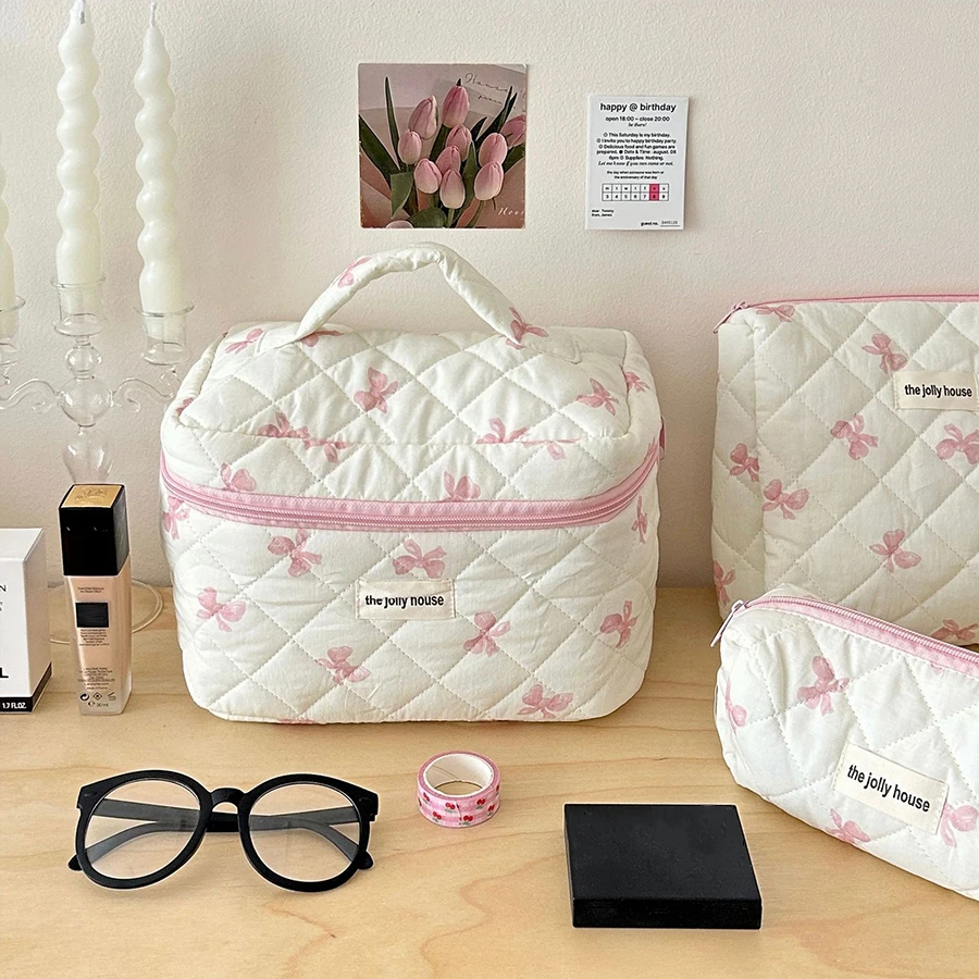 sac de maquillage matelassé en coton pour femmes, organisateur de cosmétiques à fermeture éclair, sac à main en tissu à fleurs avec nœud mignon, trousse de toilette portable pour filles