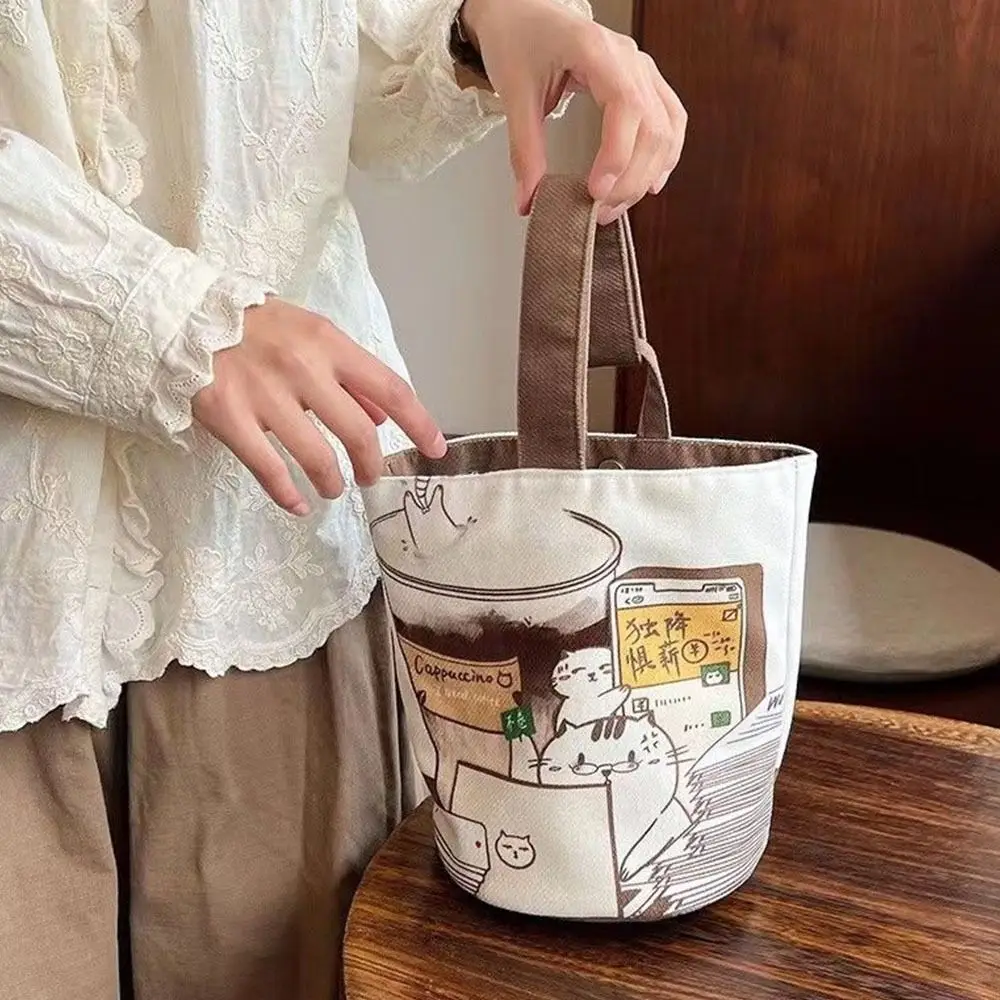 simple grande capacité dessin animé café chat seau sac toile sac à main style coréen momie sac fourre tout sacs à provisions sac à déjeuner femmes