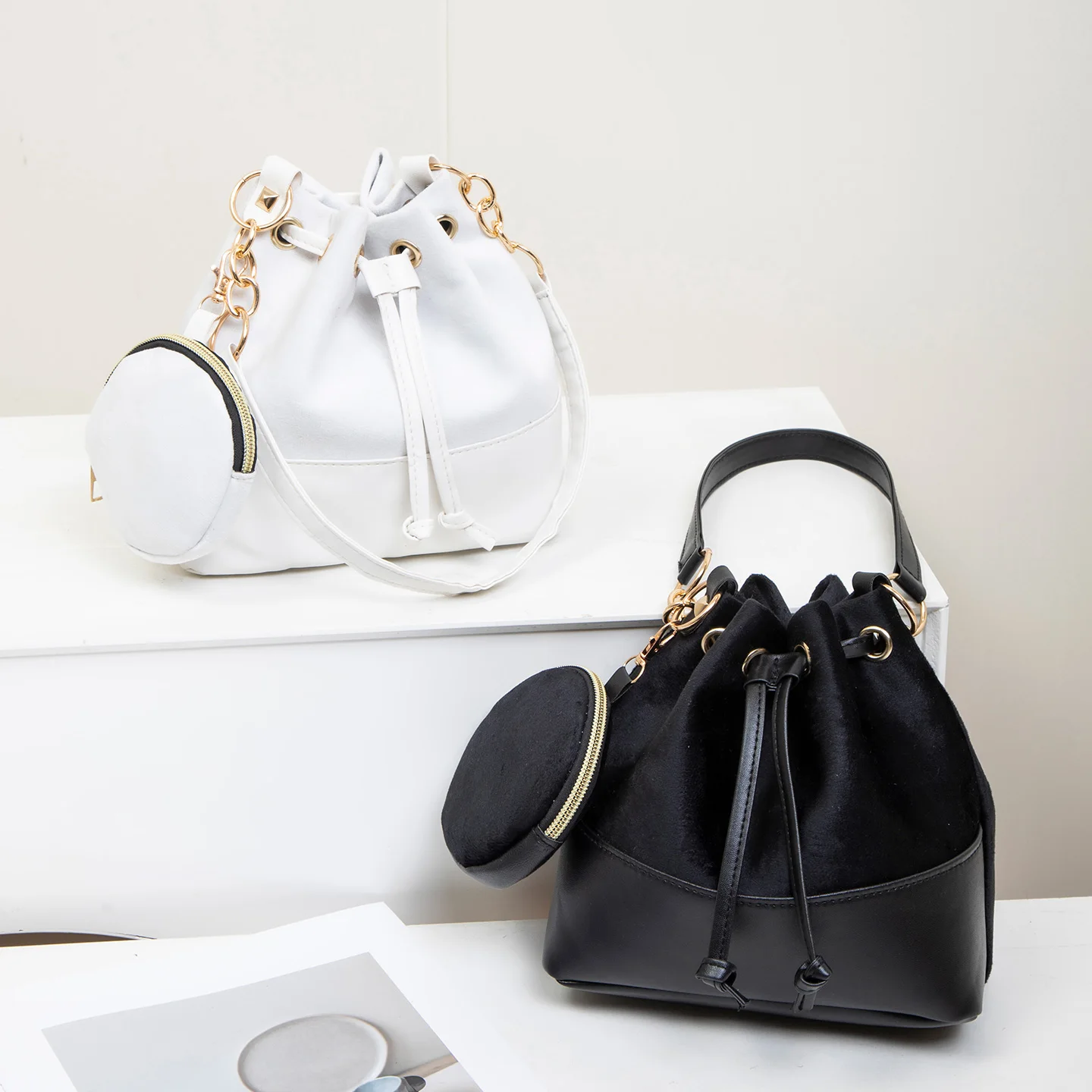 sac seau polyvalent et tendance en 2 pièces de couleur unie, sac à main à bandoulière élégant pour femmes