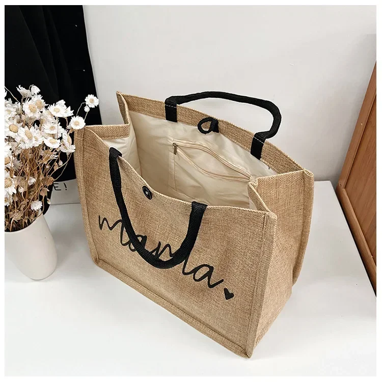 femmes sac fourre tout mode maman lettre impression lin sac à main grande capacité bébé sac à couches décontracté shopping sac à bandoulière maman cadeaux