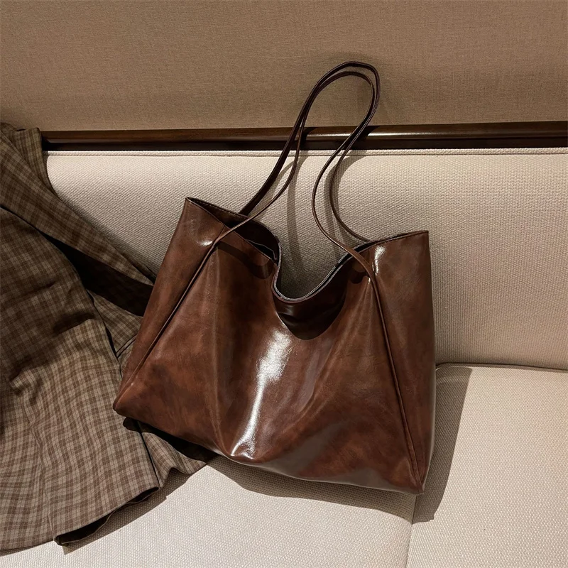 sac fourre tout en cuir pu souple pour femmes, pochette sous les bras de grande capacité, sac à bandoulière rétro décontracté, sacs seau portables
