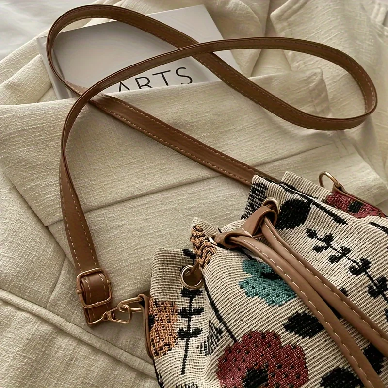 sac seau blanc pour femme avec motif floral vibrant, fermeture à cordon réglable, bandoulière/sac à main convertible doublé en polyester