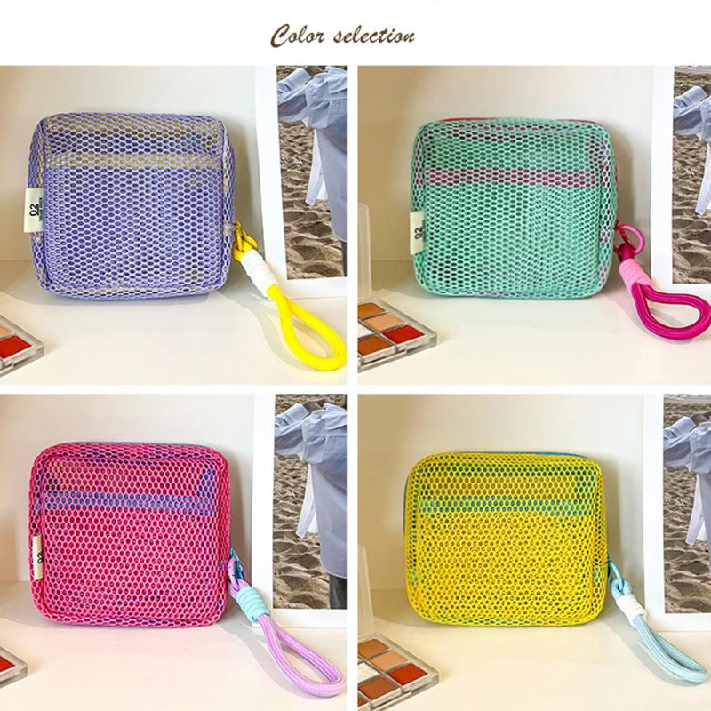 sac cosmétique carré en maille, sac de rangement cosmétique carré portable avec fermeture éclair, sac de rangement polyvalent pour articles divers
