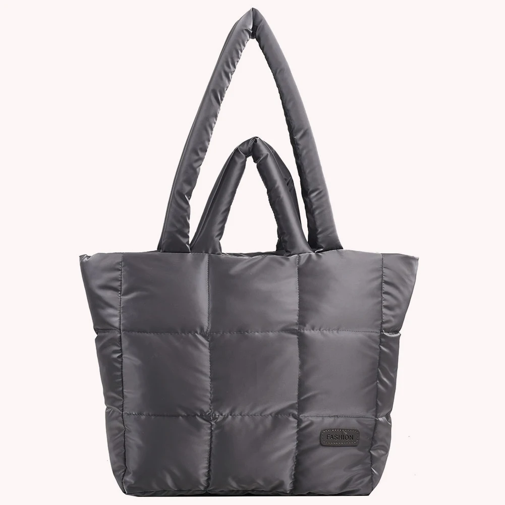 sac à main matelassé à carreaux pour femmes, sac de transport à main bouffant de couleur unie, grande capacité, mode automne hiver