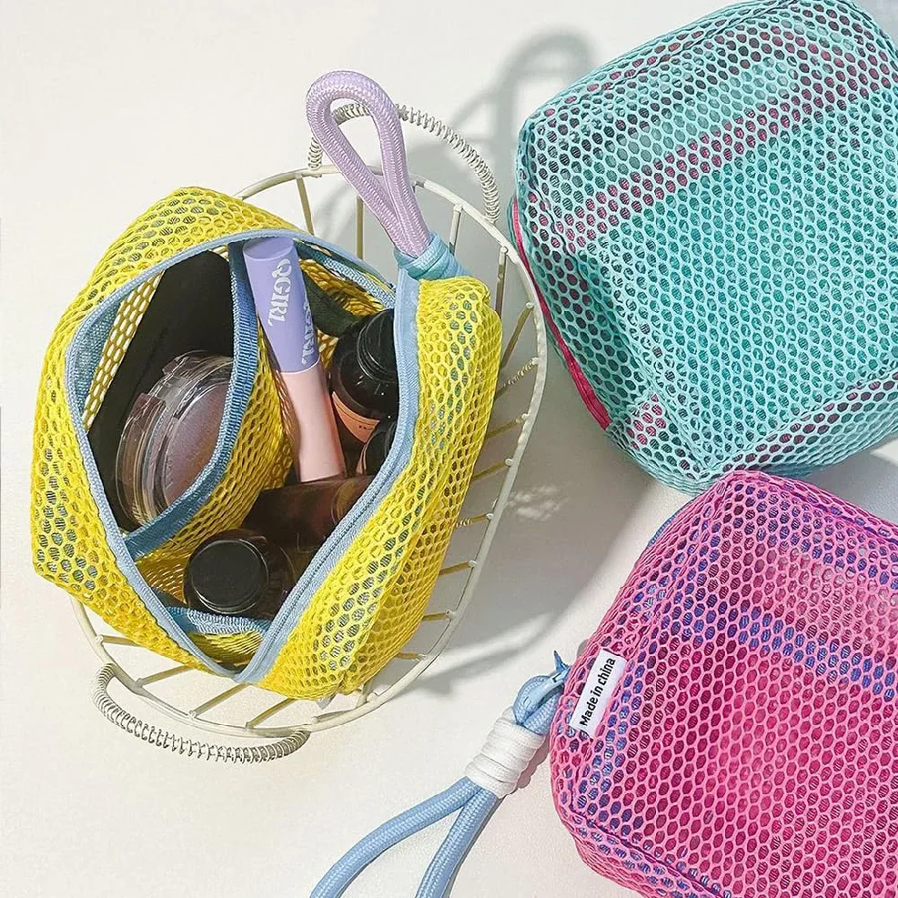 sac cosmétique carré en maille, sac de rangement cosmétique carré portable avec fermeture éclair, sac de rangement polyvalent pour articles divers