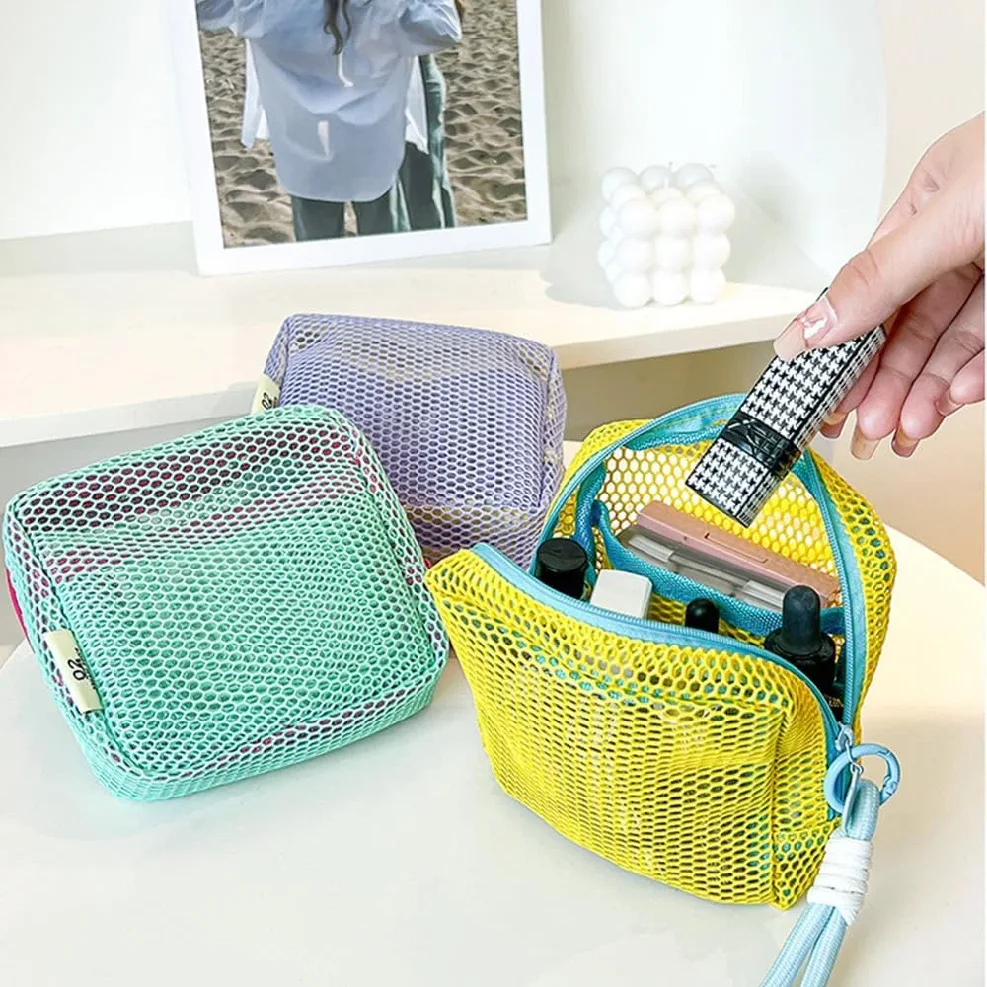 sac cosmétique carré en maille, sac de rangement cosmétique carré portable avec fermeture éclair, sac de rangement polyvalent pour articles divers
