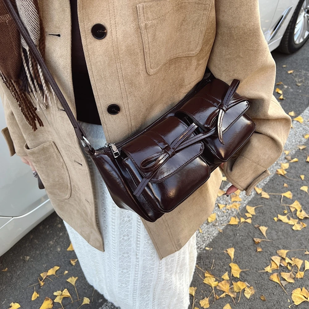 sac à bandoulière rétro en cuir pu pour femme, double poches, sacs initiés y2k, sac à main fourre tout solide, grande capacité, nœud doux