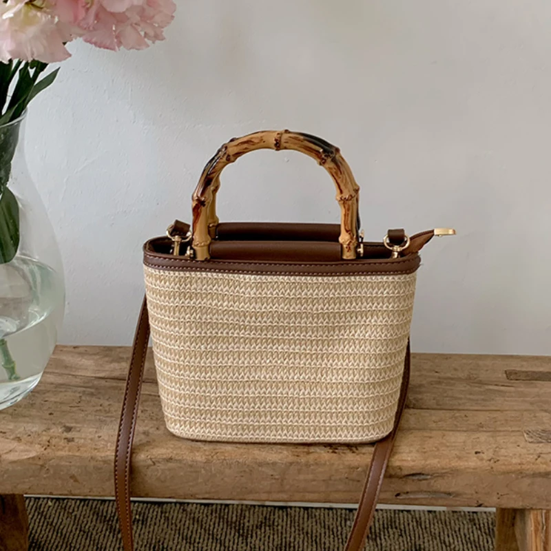 sacs à main de voyage en paille pour femmes, sacs à bandoulière simples, poignée en bois à la mode, été initié, e27